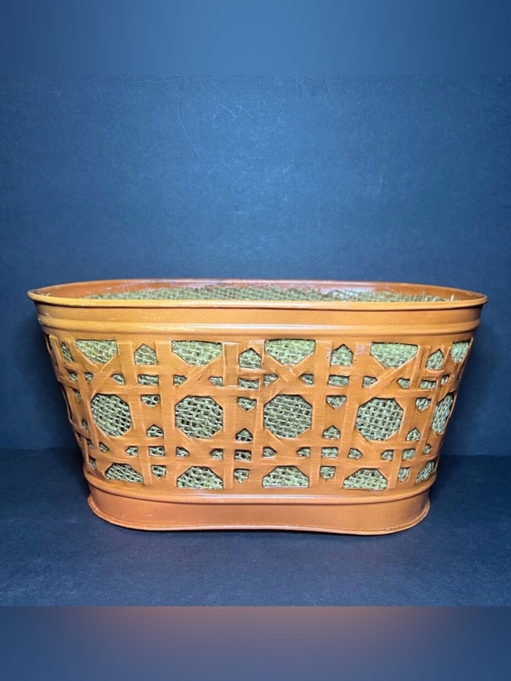 Vintage Napco Retro Rust Orange Metal Lattice Cutout Burlap Lined Container